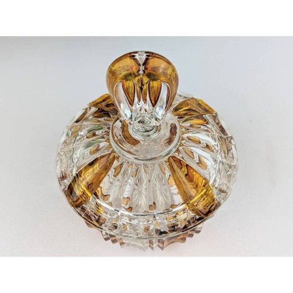 Vintage Amber Flashed Glass Trinket Dish with Lid Cut Glass Lidded Bowl - Picture 8 of 9